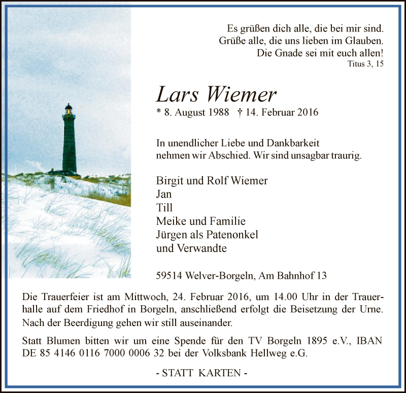  Traueranzeige für Lars Wiemer vom 18.02.2016 aus MZV