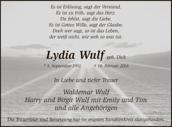 Traueranzeige von Lydia Wulf von MZV