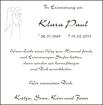 Traueranzeige von Klara Paul von MZV