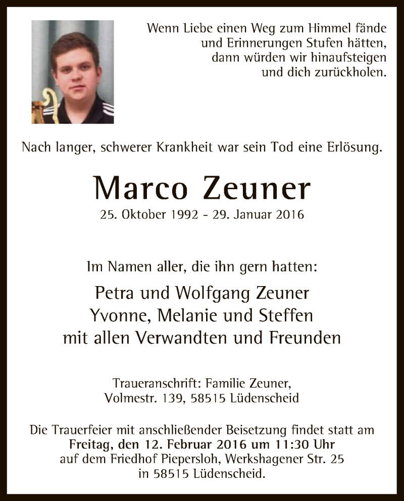  Traueranzeige für Marco Zeuner vom 06.02.2016 aus MZV