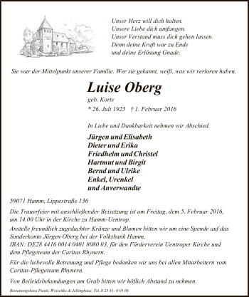 Traueranzeige von Luise Oberg von MZV