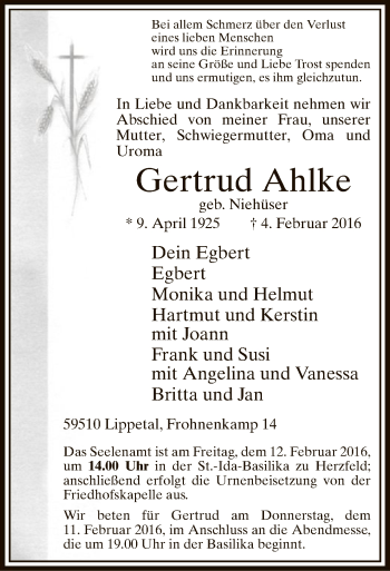 Traueranzeige von Gertrud Ahlke von MZV