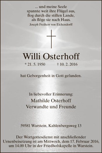 Traueranzeige von Willi Osterhoff von MZV