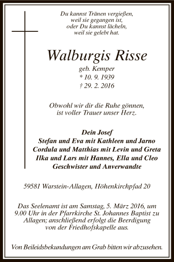 Traueranzeige von Walburgis Risse von MZV