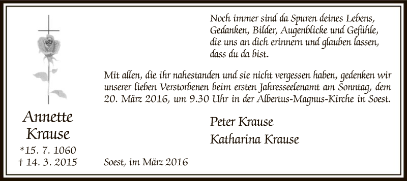  Traueranzeige für Annette Krause vom 16.03.2016 aus MZV