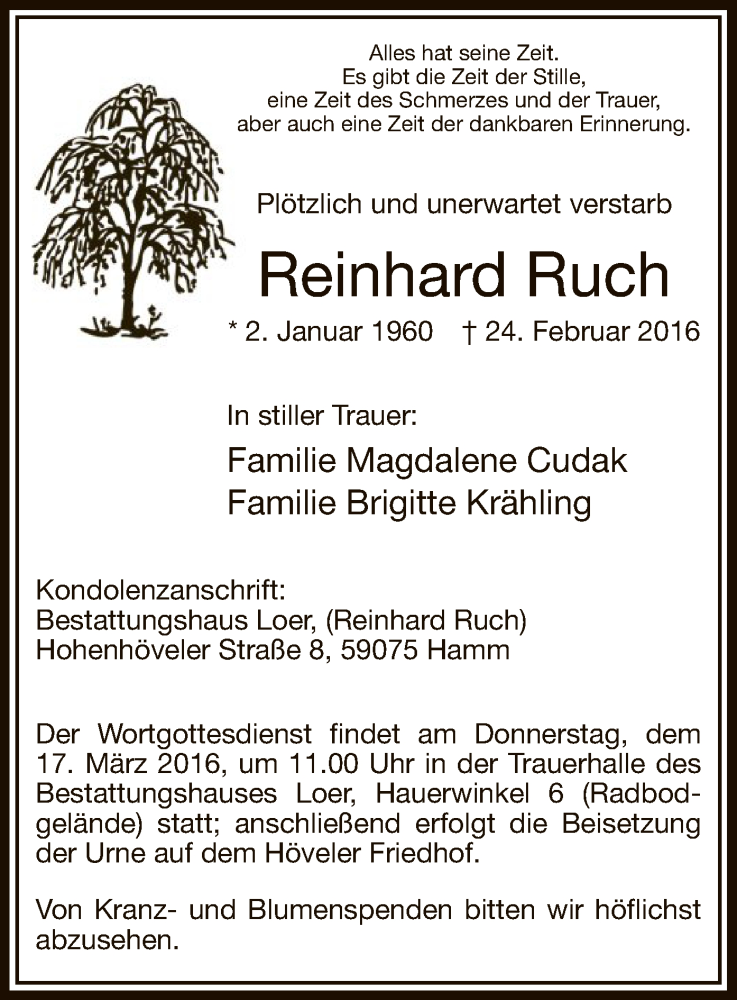  Traueranzeige für Reinhard Ruch vom 12.03.2016 aus MZV