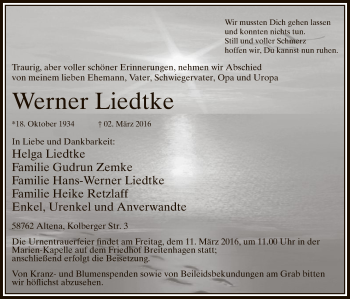 Traueranzeige von Werner Liedtke von MZV