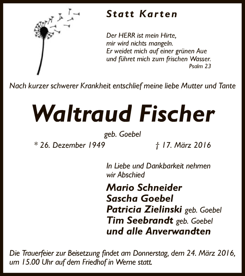  Traueranzeige für Waltraud Fischer vom 22.03.2016 aus MZV
