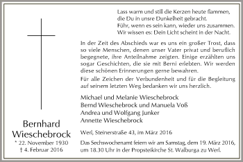 Traueranzeige von Bernhard Wieschebrock von MZV