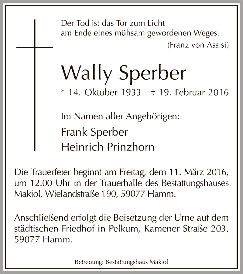  Traueranzeige für Wally Sperber vom 05.03.2016 aus MZV