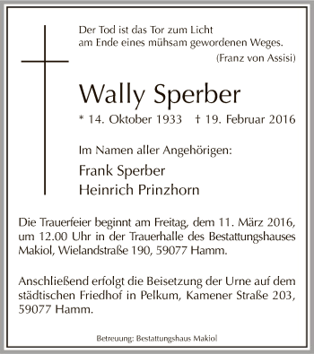 Traueranzeige von Wally Sperber von MZV