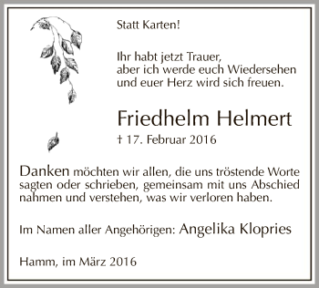 Traueranzeige von Friedhelm Helmert von MZV