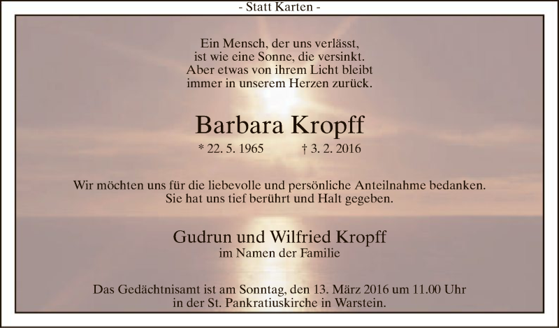 Traueranzeige für Barbara Kropff vom 05.03.2016 aus MZV