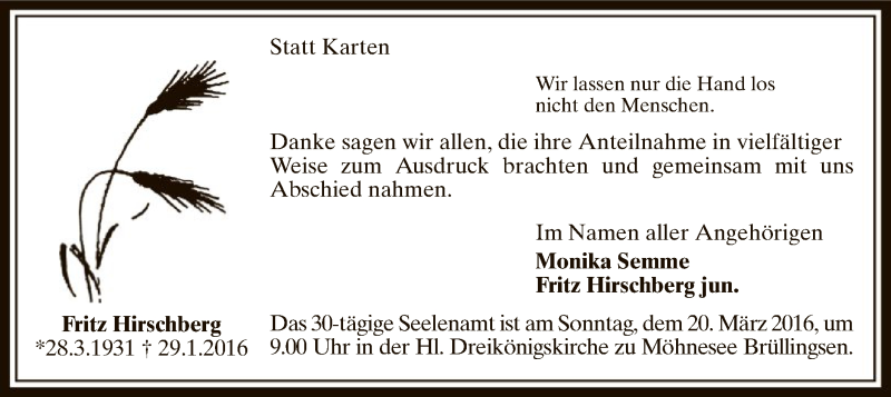  Traueranzeige für Fritz Hirschberg vom 05.03.2016 aus MZV