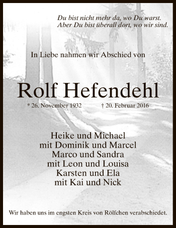 Traueranzeige von Rolf Hefendehl von MZV