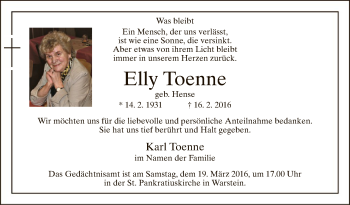 Traueranzeige von Elly Toenne von MZV