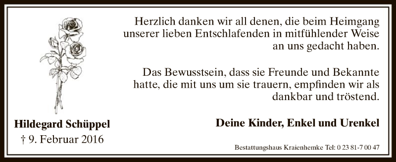  Traueranzeige für Hildegard Schüppel vom 12.03.2016 aus MZV