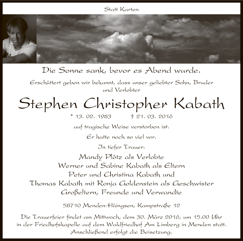  Traueranzeige für Stephen Christopher Kabath vom 26.03.2016 aus MZV