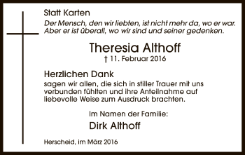 Traueranzeige von Theresia Althoff von MZV