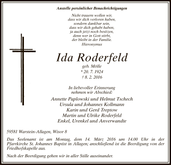 Traueranzeige von Ida Roderfeld von MZV