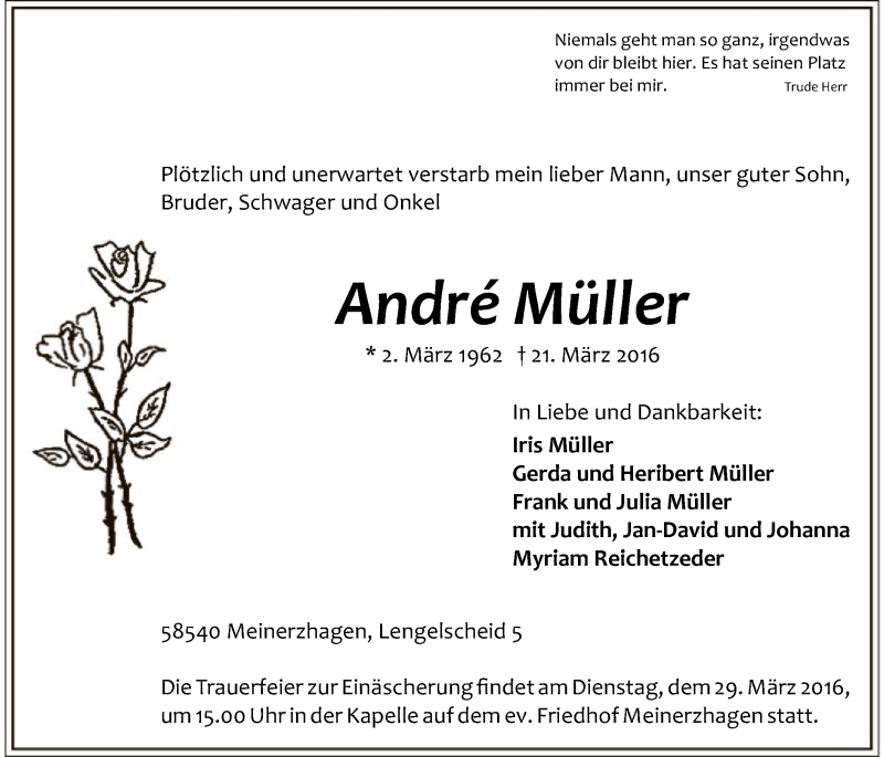  Traueranzeige für Andre Müller vom 24.03.2016 aus MZV