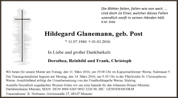 Traueranzeige von Hildegard Glanemann von MZV