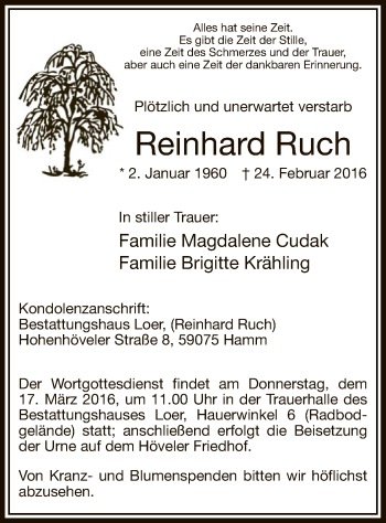 Traueranzeige von Reinhard Ruch von MZV