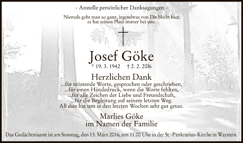  Traueranzeige für Josef Göke vom 05.03.2016 aus MZV