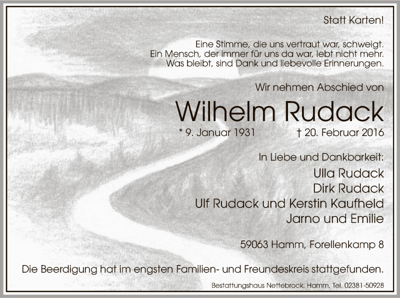  Traueranzeige für Wilhelm Rudack vom 05.03.2016 aus MZV
