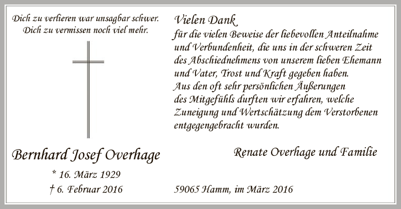  Traueranzeige für Bernhard Josef Overhage vom 24.03.2016 aus MZV