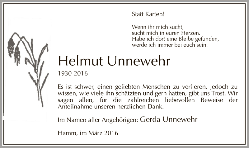  Traueranzeige für Helmut Unnewehr vom 19.03.2016 aus MZV