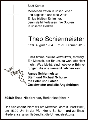 Traueranzeige von Theo Schiermeister von MZV