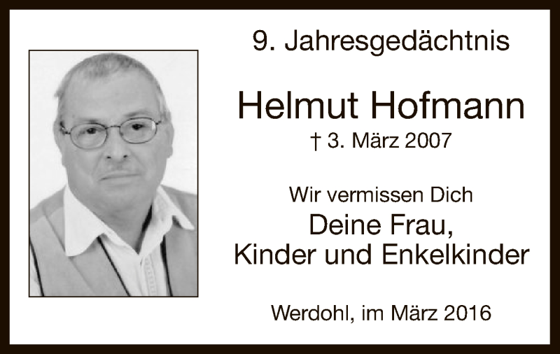  Traueranzeige für Helmut Hofmann vom 03.03.2016 aus MZV