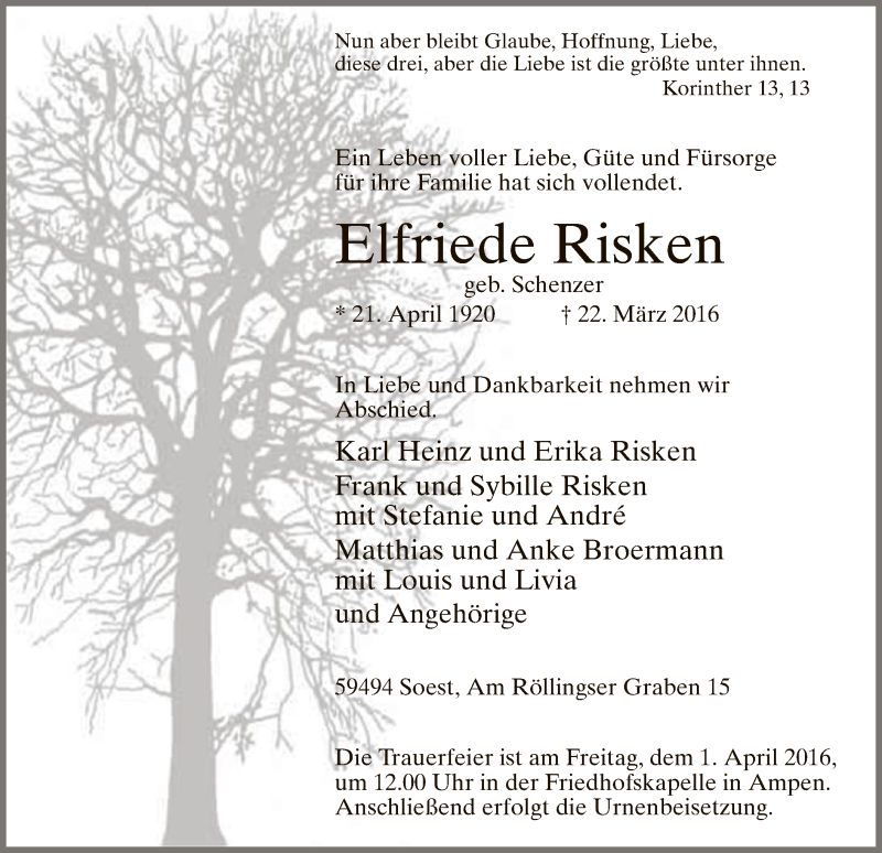  Traueranzeige für Elfriede Risken vom 26.03.2016 aus MZV