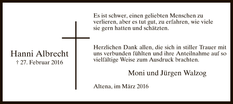  Traueranzeige für Hanni Albrecht vom 26.03.2016 aus MZV