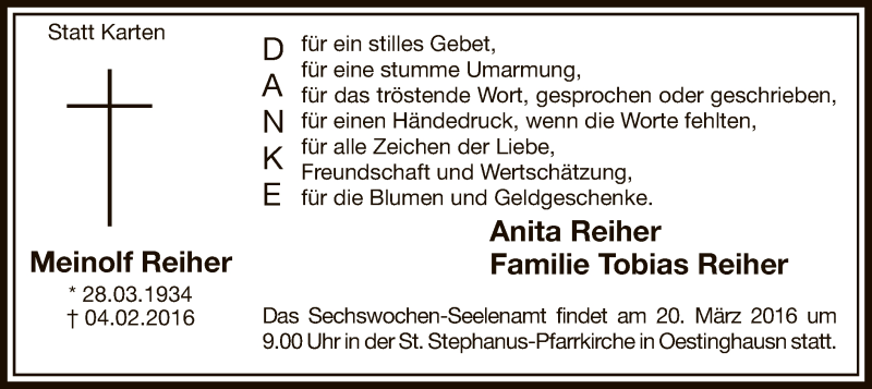  Traueranzeige für Meinolf Reiher vom 10.03.2016 aus MZV