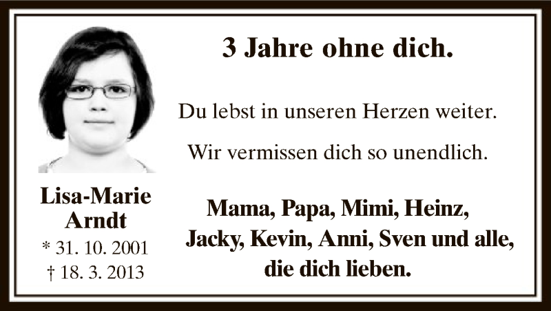 Traueranzeige für Lisa-Marie Arndt vom 18.03.2016 aus MZV