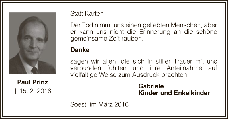  Traueranzeige für Paul Prinz vom 19.03.2016 aus MZV
