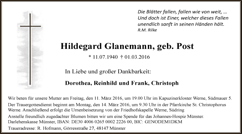  Traueranzeige für Hildegard Glanemann vom 08.03.2016 aus MZV