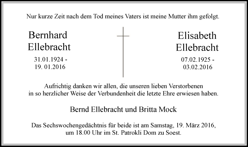  Traueranzeige für Bernd und Elisabeth Ellebracht vom 12.03.2016 aus MZV