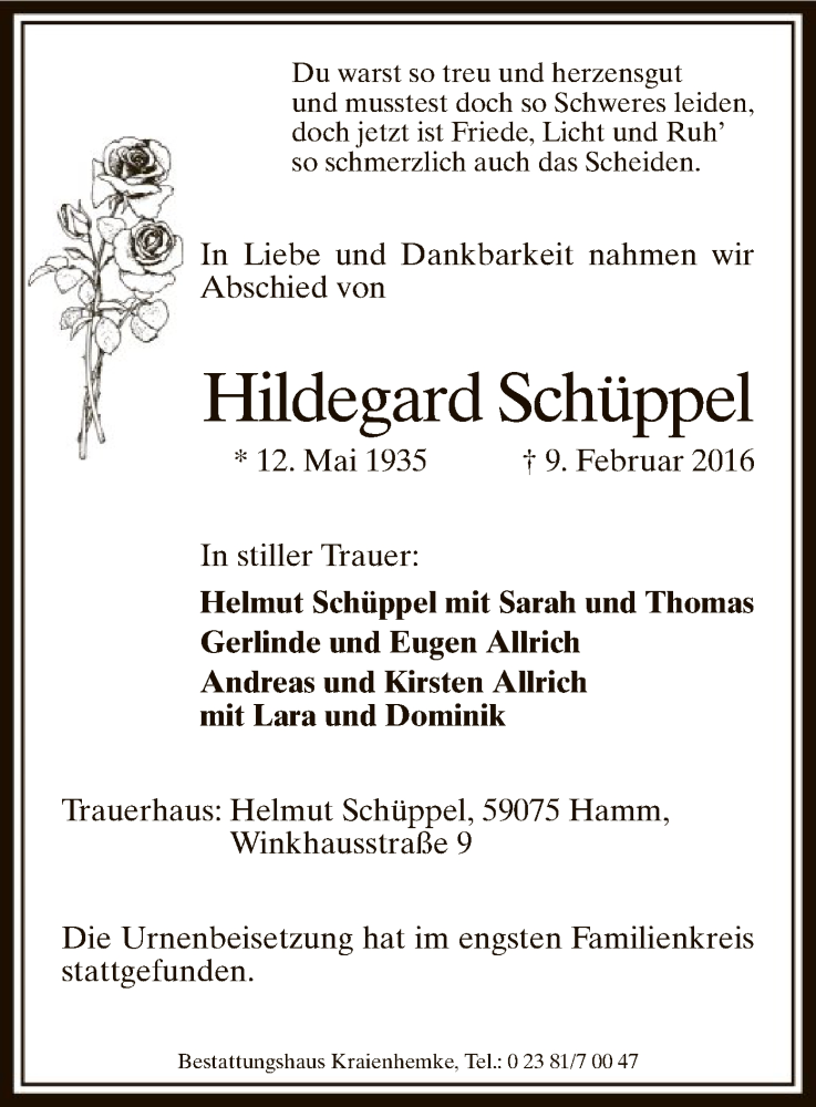  Traueranzeige für Hildegard Schüppel vom 01.03.2016 aus MZV