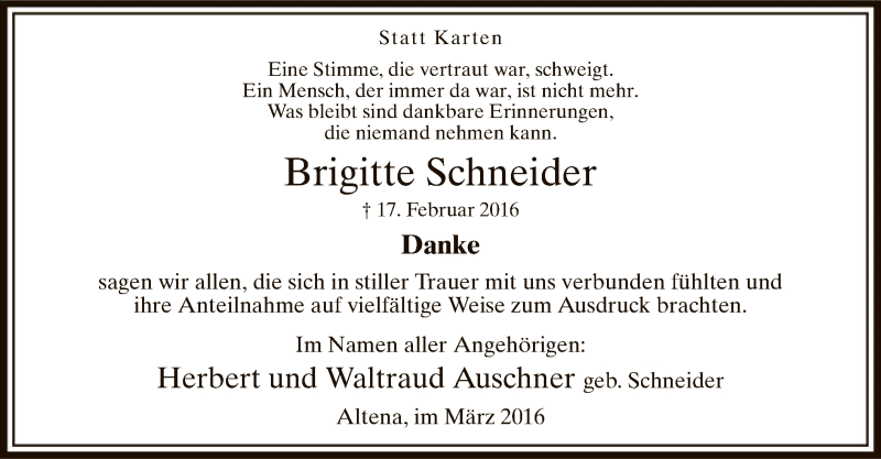  Traueranzeige für Brigitte Schneider vom 19.03.2016 aus MZV