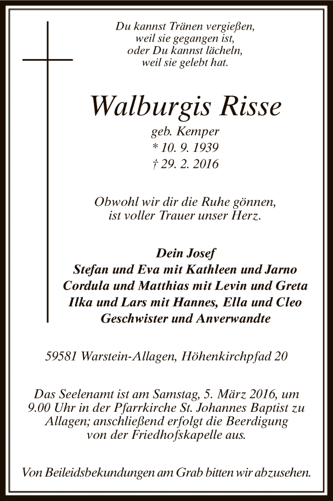  Traueranzeige für Walburgis Risse vom 03.03.2016 aus MZV