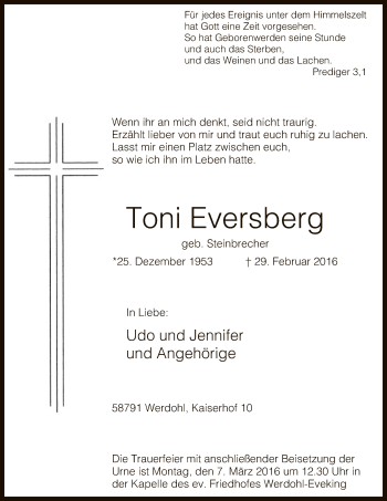 Traueranzeige von Toni Eversberg von MZV