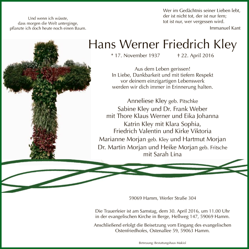  Traueranzeige für Werner Kley vom 26.04.2016 aus MZV