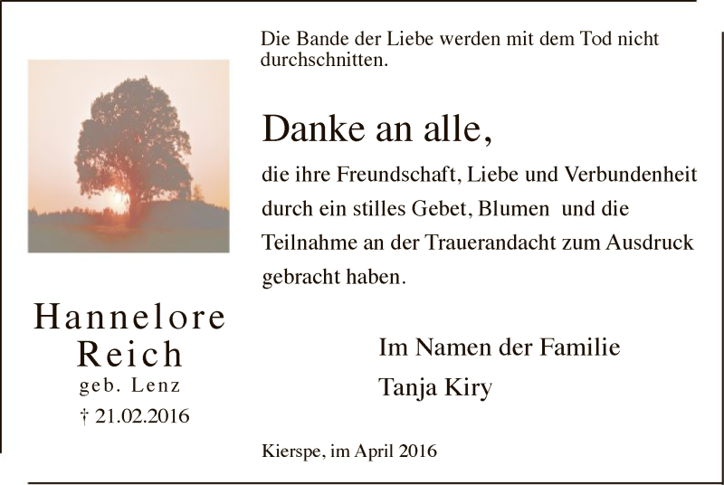  Traueranzeige für Hannelore Reich vom 16.04.2016 aus MZV