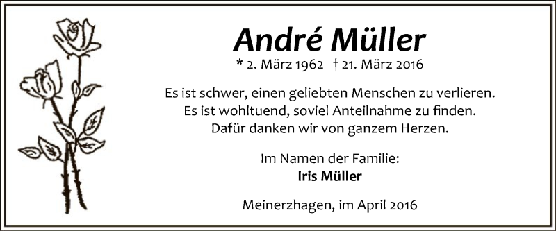 Traueranzeige für Andre Müller vom 09.04.2016 aus MZV
