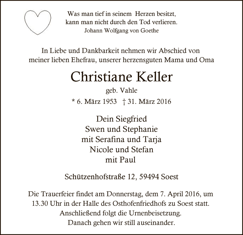  Traueranzeige für Christiane Keller vom 04.04.2016 aus MZV