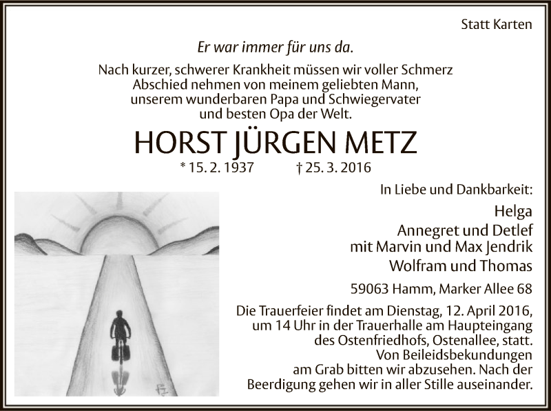  Traueranzeige für Horst Jürgen Metz vom 02.04.2016 aus MZV