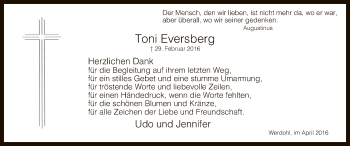Traueranzeige von Toni Eversberg von MZV